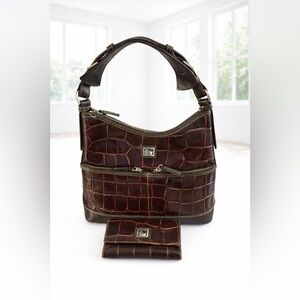 Dooney & Bourke Dark Brown Croc-Embossed Bag with Matching Wallet - EUC